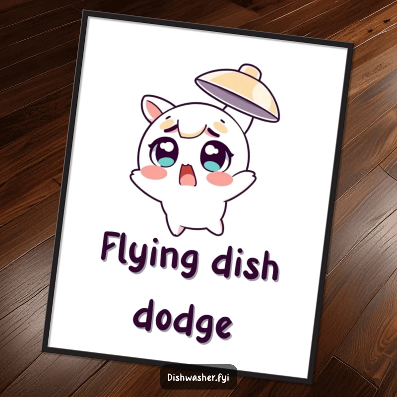 Funny character with wide, surprised eyes dodging a flying dish, presented as a digital art print for immediate comedic effect.