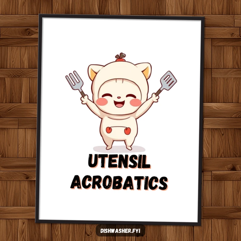 Funny digital art of a mischievous character grinning while juggling kitchen utensils, ideal for playful and humorous digital decor.