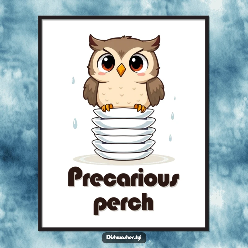 Funny digital art print of a surprised owl attempting to stack wet plates, ready to be printed and displayed.