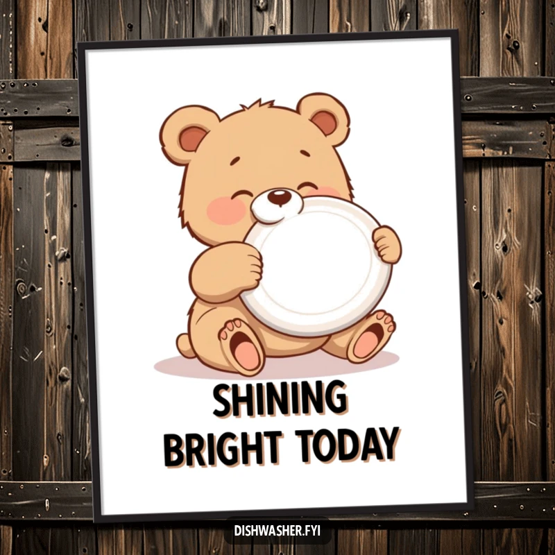 Funny digital art print of a gleeful bear cub polishing a shiny plate, offering a sparkling, tidy, and humorous decorative accent.