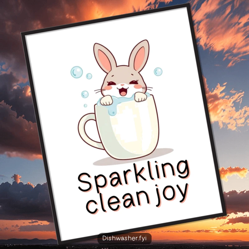 Funny digital art print of a joyful rabbit scrubbing bubbles off a mug, offering a sparkling, tidy, and humorous decorative accent.