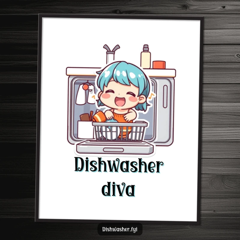 Funny digital art print of a happy character singing loudly while efficiently loading a dishwasher, perfect for wall decor.