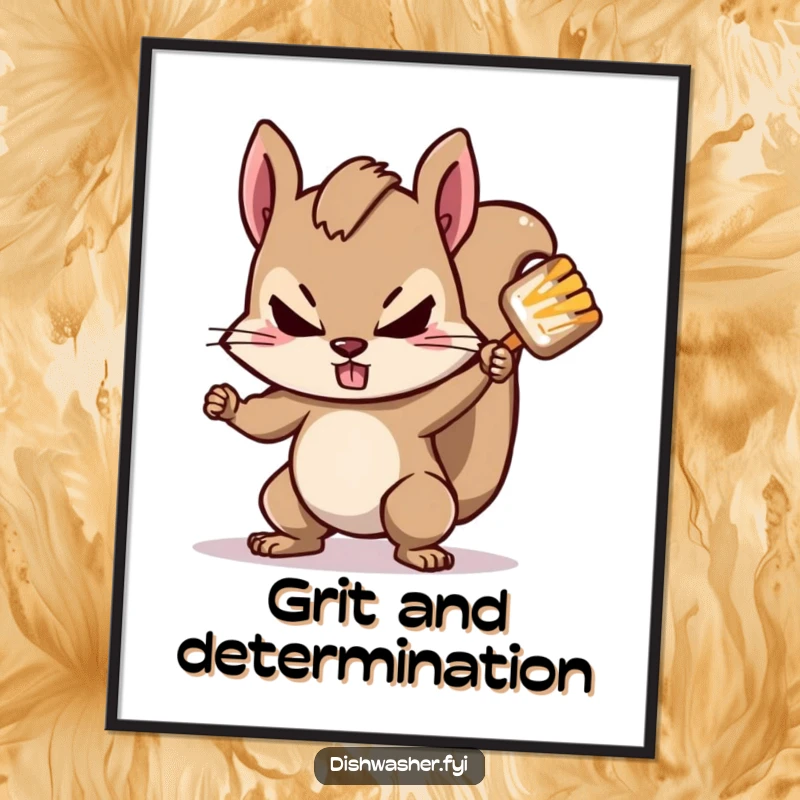 Funny squirrel digital art print of a determined squirrel character scrubbing a stubborn spot with gusto, bringing instant motivational humor to any room.