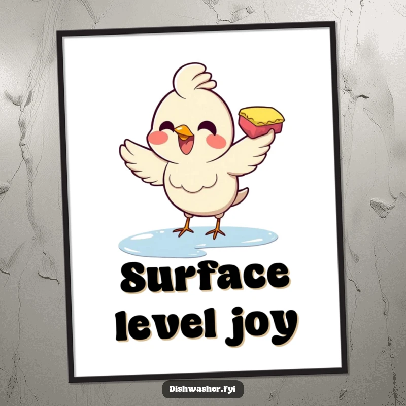 Funny digital art print of a joyful bird enthusiastically wiping a surface with a sponge, adding humorous energy to screens.