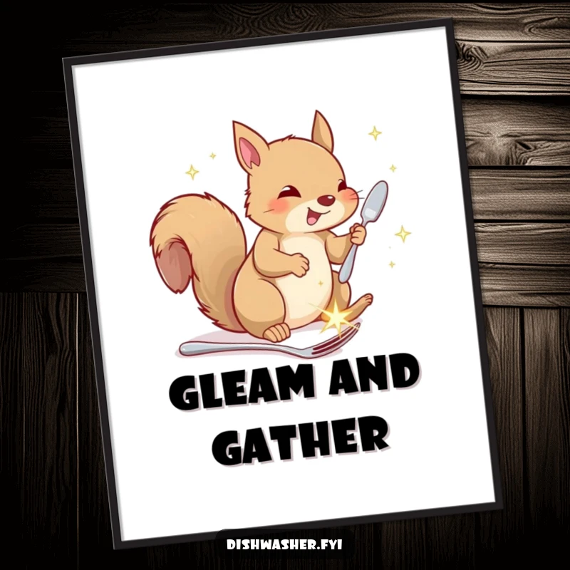 Funny squirrel digital art print, depicting a happy squirrel putting away sparkling cutlery, humorous and printable wall decor.