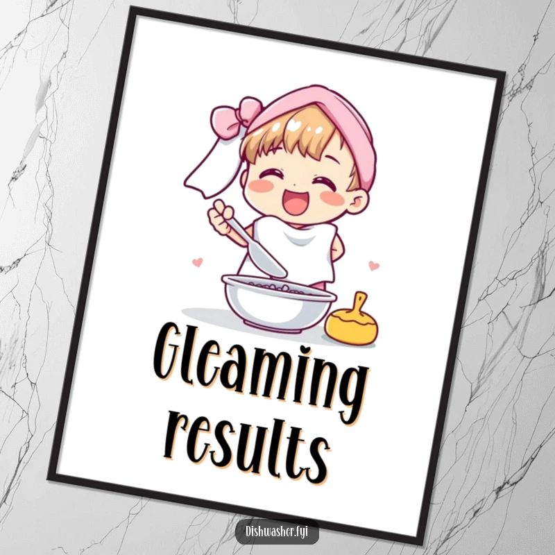Funny digital art print of a cheerful character drying dishes with a fluffy towel, a humorous and charming printable.