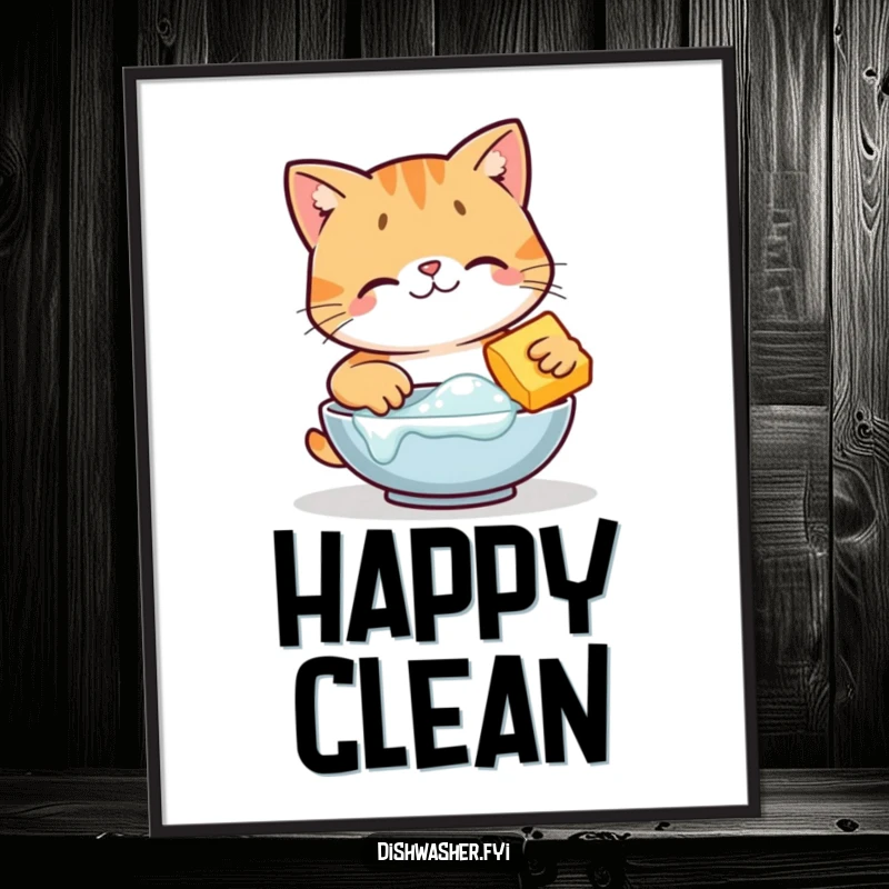 Funny happy cat character scrubbing dishes digital artwork, charming and clean, ready for printing as humorous decor, ideal funny gift.