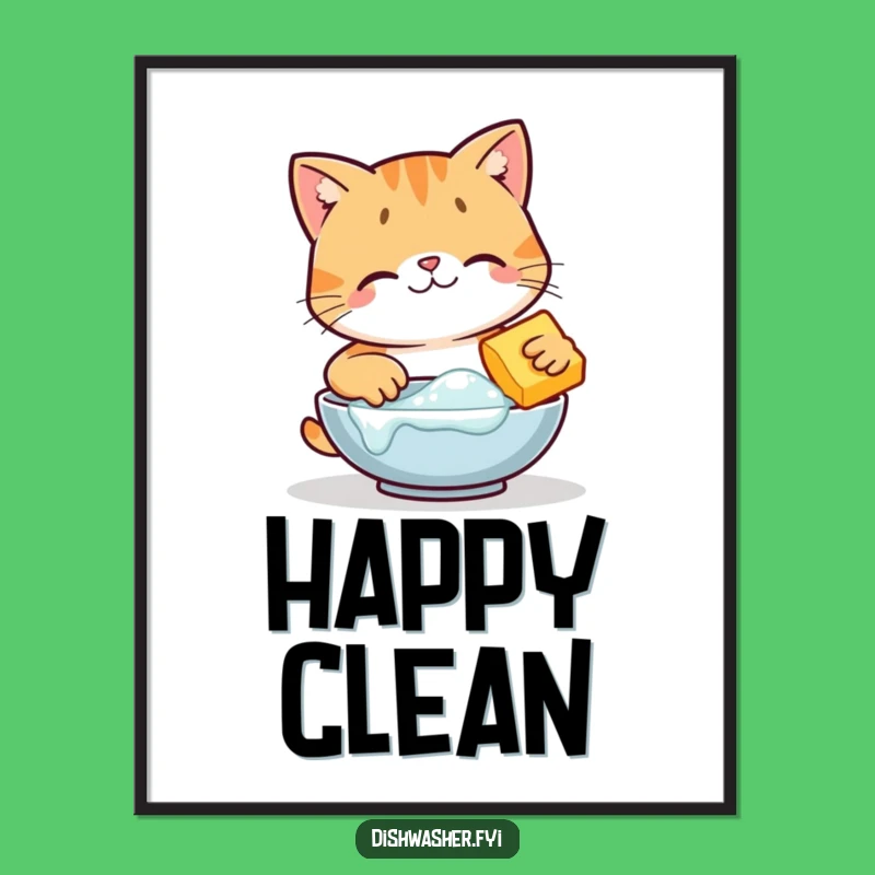 Funny Happy Cat Scrubbing Digital Art, Cute Cleaning Cat Download, Instant Pet Lover Gift