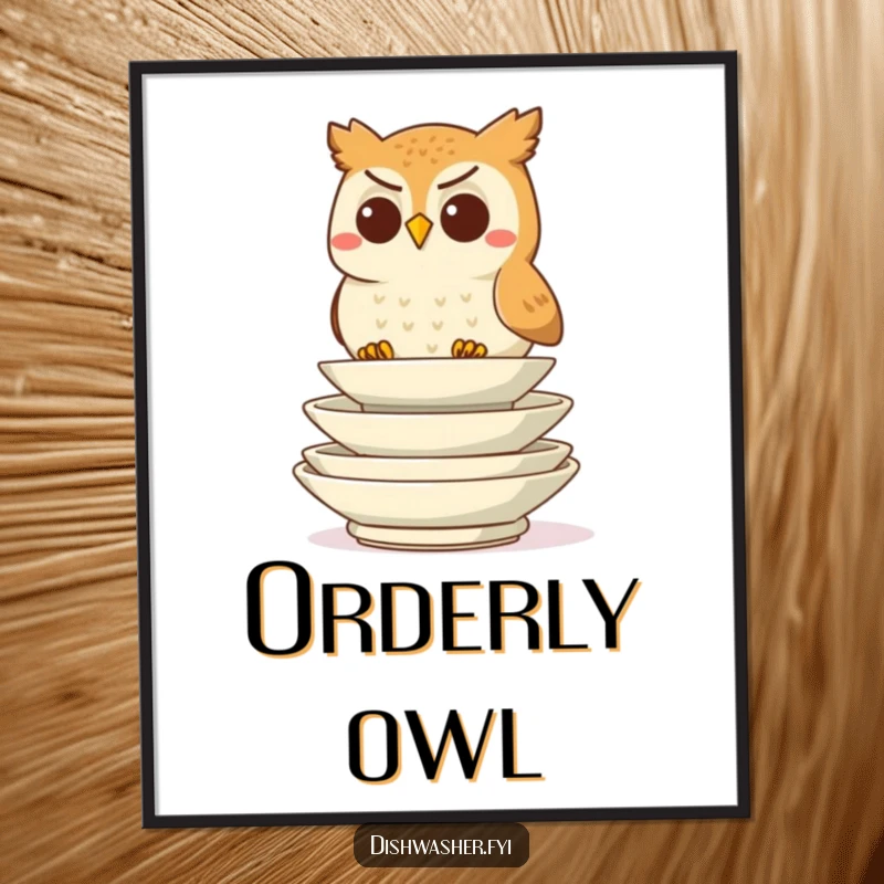 Funny determined owl character stacking plates digital artwork, focused and neat, ready for printing as humorous decor, ideal funny gift.
