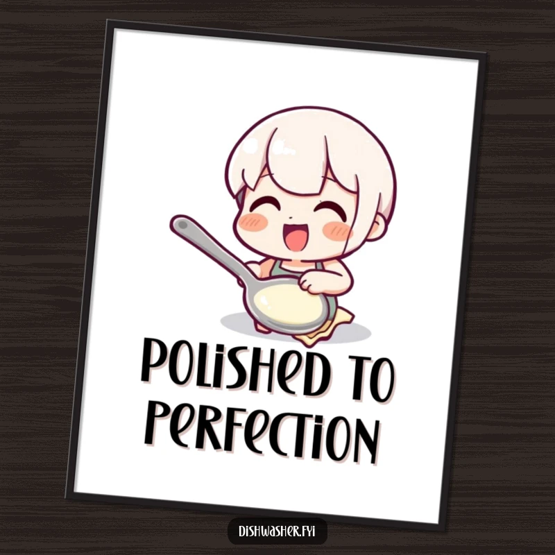 Funny polishing spoon digital art print showing a character gleefully polishing a spoon, bringing joy and humorous organization to any display or print.
