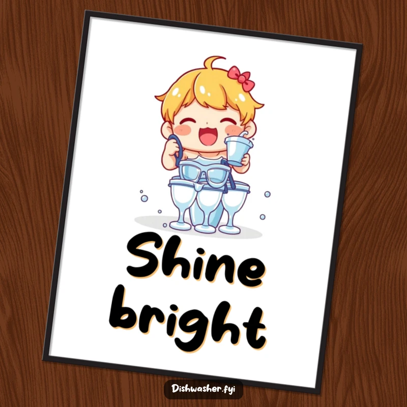 Funny digital art print of a delighted character enthusiastically rinsing glasses, a humorous and charming printable.