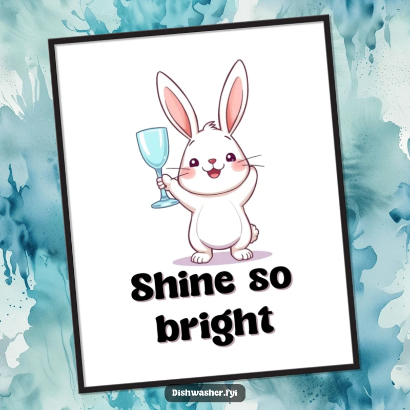 Funny digital art print of a perky rabbit triumphantly holding a sparkling clean glass, adding humorous shine to screens.
