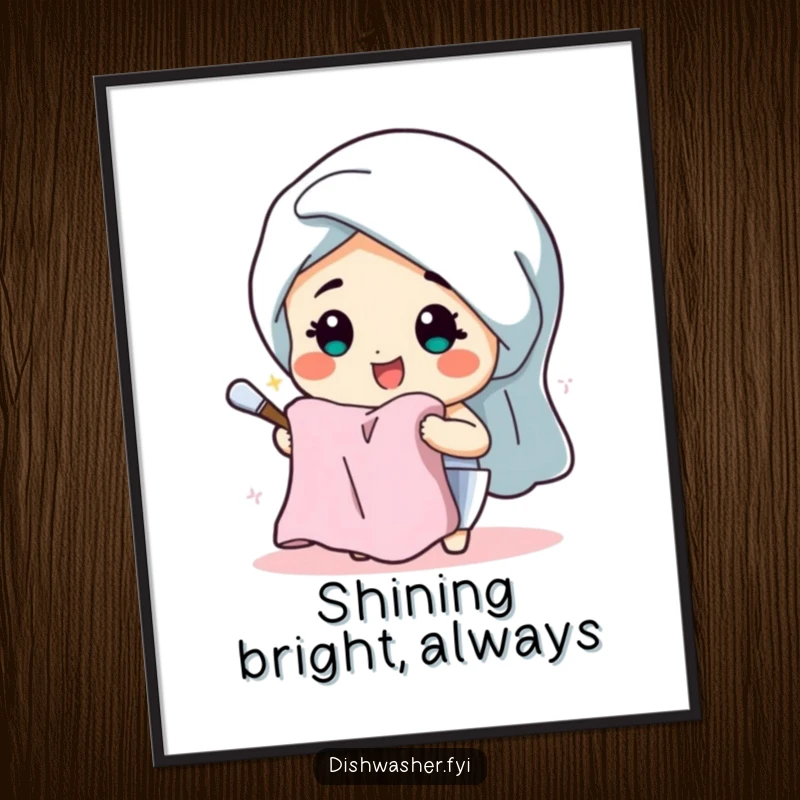 Funny digital art of a beaming character drying dishes with a fluffy towel, radiating happiness and cleanliness for screen decoration.