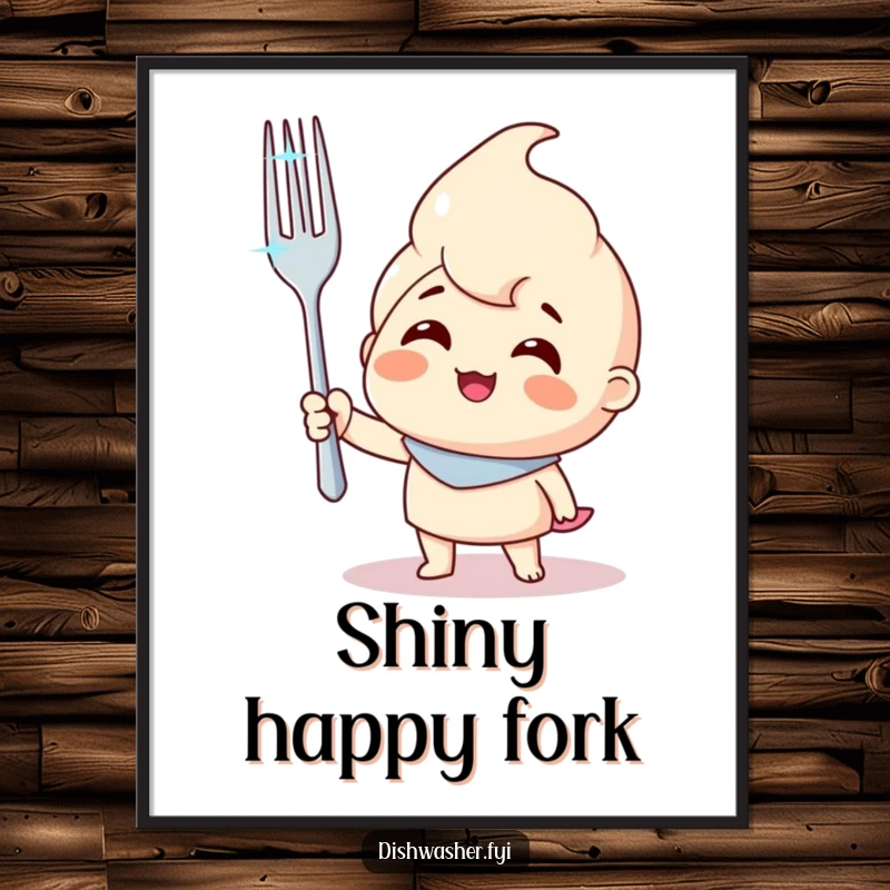 Funny digital art print of a smiling character holding a sparkling clean fork, perfect for instant download and humorous decor.