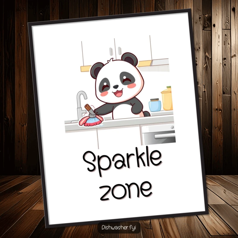 Funny Panda Digital Art Print: A downloadable image of a happy panda cleaning a kitchen counter, bringing cheerful vibes.