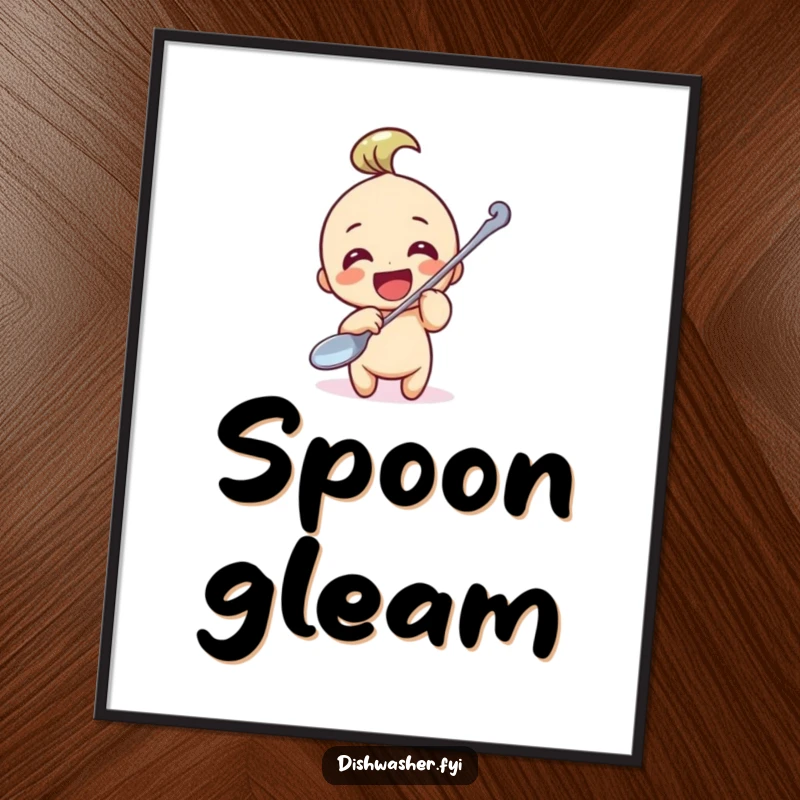 Funny Digital Art Print: A character gleefully polishing a large spoon, a humorous and vibrant piece for immediate digital or physical display.