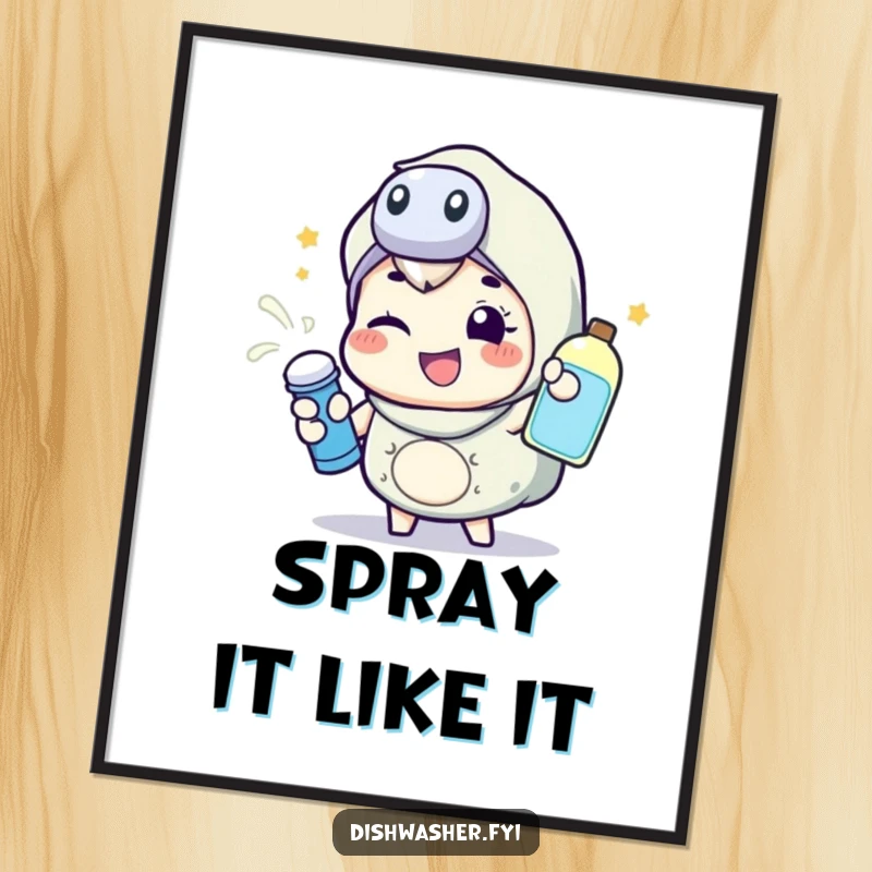Funny digital art print of a happy character energetically spraying cleaning liquid with a wink, perfect for adding dynamic wall decor.