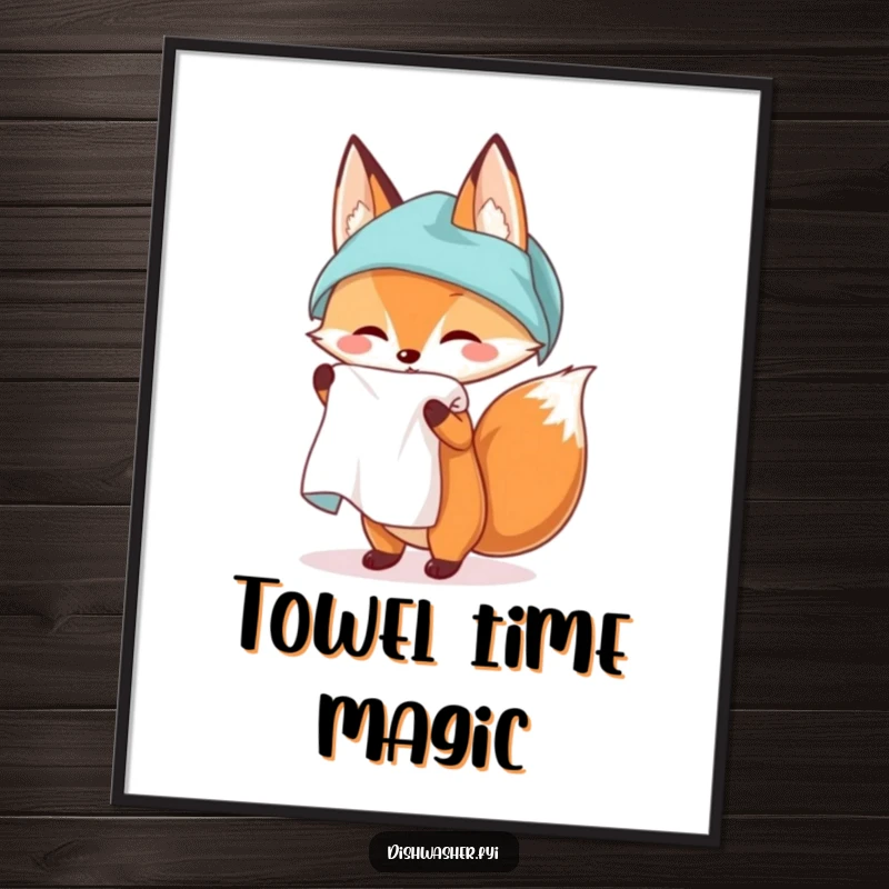 Funny digital art print of a fox elegantly unfurling a spotless kitchen towel, representing tidiness and sly humor in high resolution.