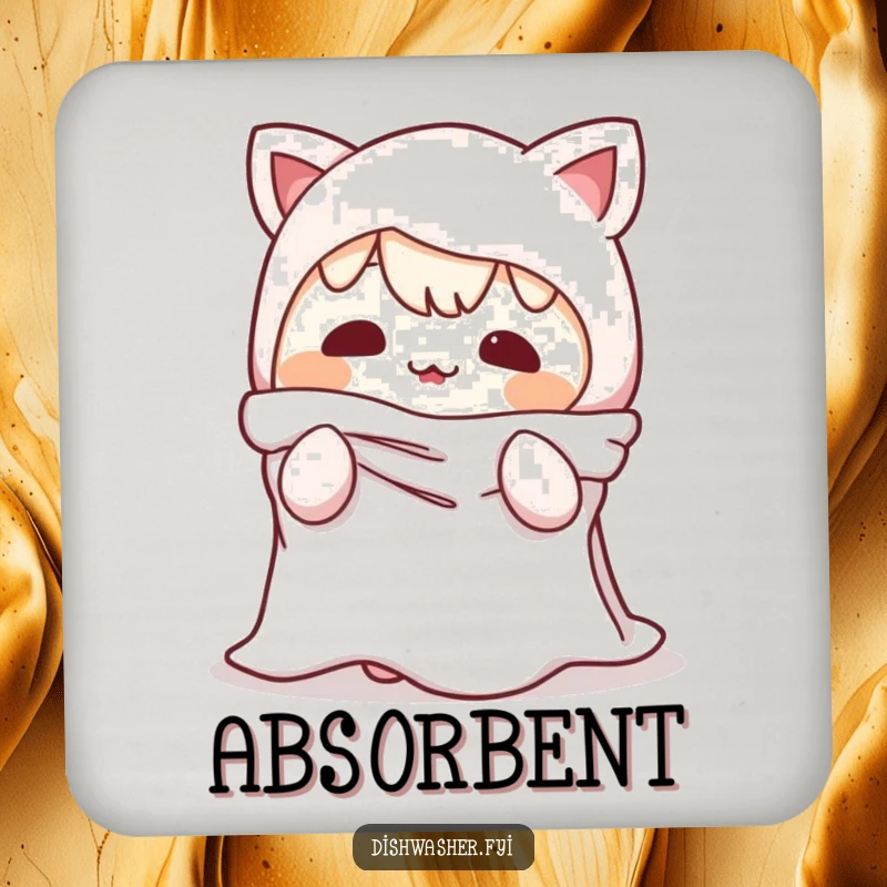 Funny Drink Coasters: A character humorously acting as a dishrag, protecting surfaces with charm and a touch of playful deception.