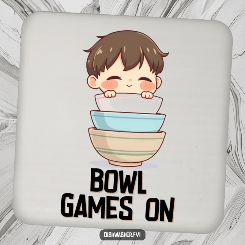Funny Bowl Master Drink Coaster featuring a character admiring clean bowls, protecting surfaces with domestic tidiness and humor.