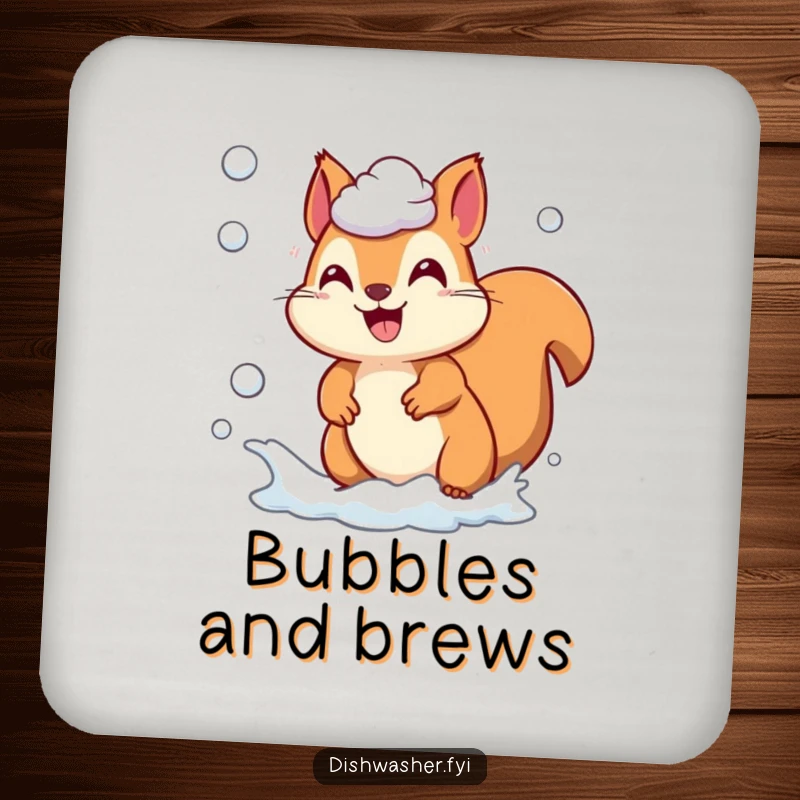 Funny playful squirrel character chasing soap suds on a drink coaster, adding playful protection and charm, delightful funny gift.