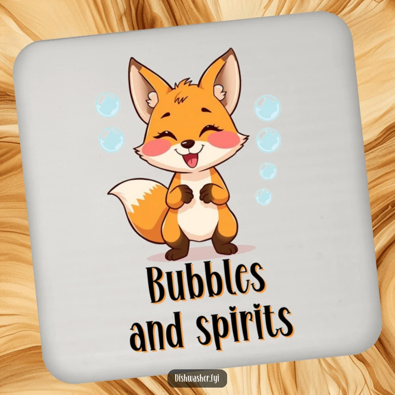 Funny Coaster featuring a mischievous fox gleefully juggling soap bubbles, adding playful humor and protection to your furniture.