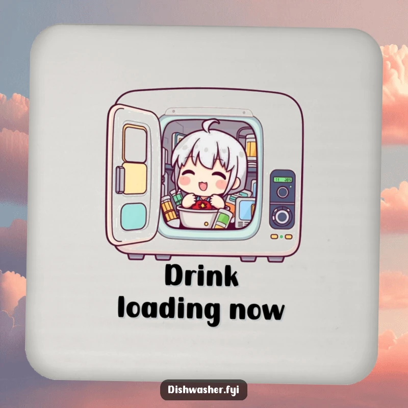 Funny coaster featuring a character enthusiastically loading items into a compact appliance, perfect for protecting tables with humor.