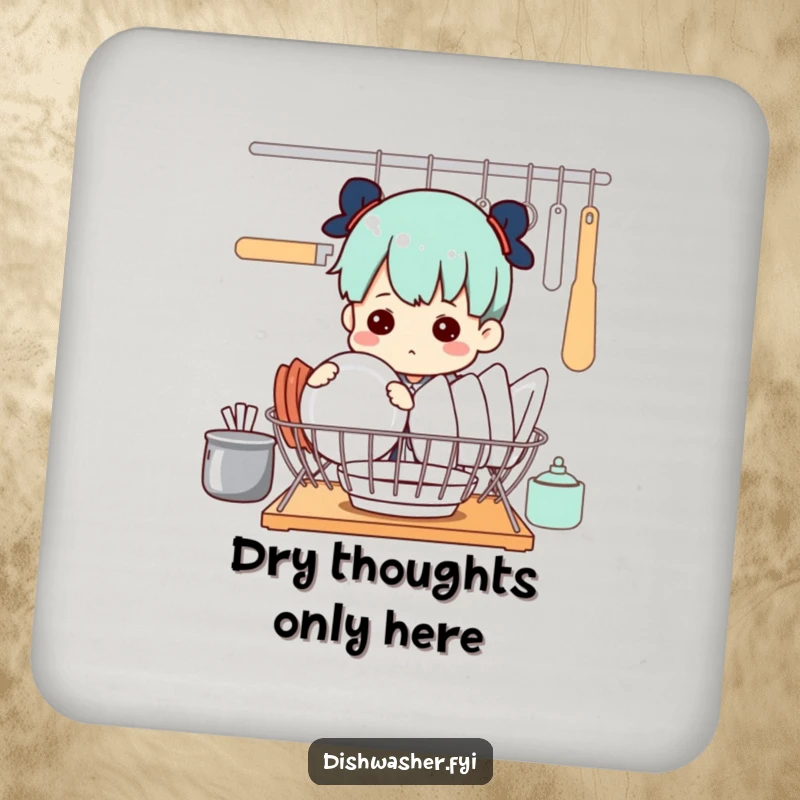 Funny coaster with a determined character focused on perfectly placing dishes in a drying rack, a humorous reminder of tidiness.