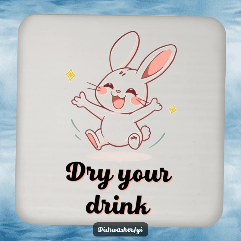 Funny rabbit coasters featuring a joyous rabbit drying plates energetically, offering surface protection and a humorous, speedy touch.