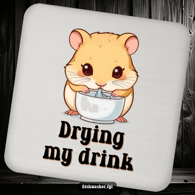 Funny coasters with a hamster intensely focused on drying a small bowl, adding a humorous touch to drink protection and table decor.