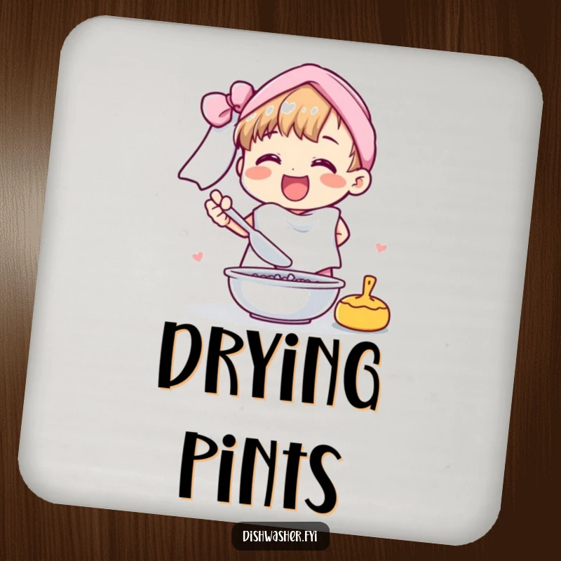 Funny drink coaster featuring a cheerful character drying dishes with a fluffy towel, a humorous and protective accessory.