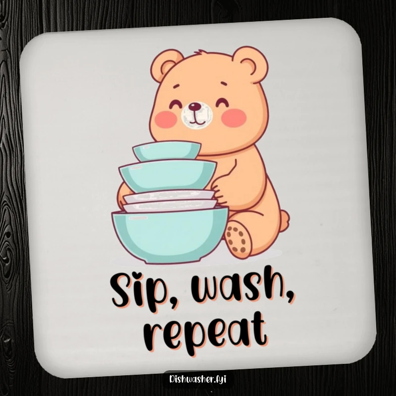 Funny drink coaster featuring a whimsical bear smiling at a neat stack of freshly washed dishes, offering humorous protection.