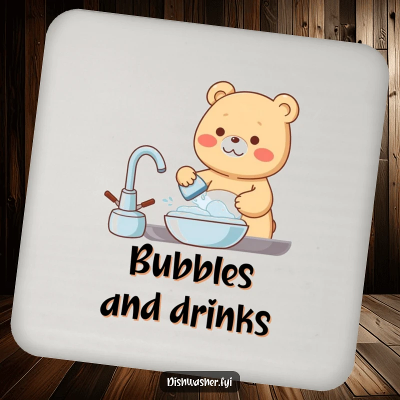 Funny Coaster featuring a cheerful bear washing dishes with a bubbly, happy expression, adding clean humor and protection to your furniture.