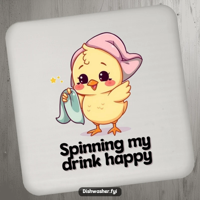 Funny chick coaster showing a playful chick character spinning a drying towel around its finger, perfect for protecting surfaces with adorable humor.