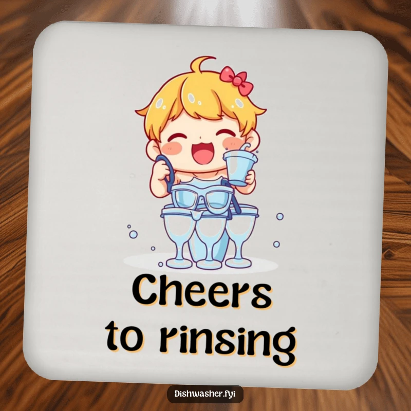 Funny drink coaster featuring a delighted character rinsing glasses with enthusiasm, a humorous and protective accessory.