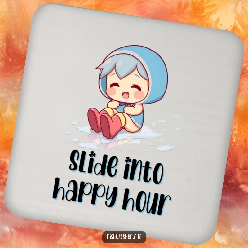 Funny coaster with a playful character sliding across a wet floor in rubber boots, symbolizing fun and protecting surfaces.