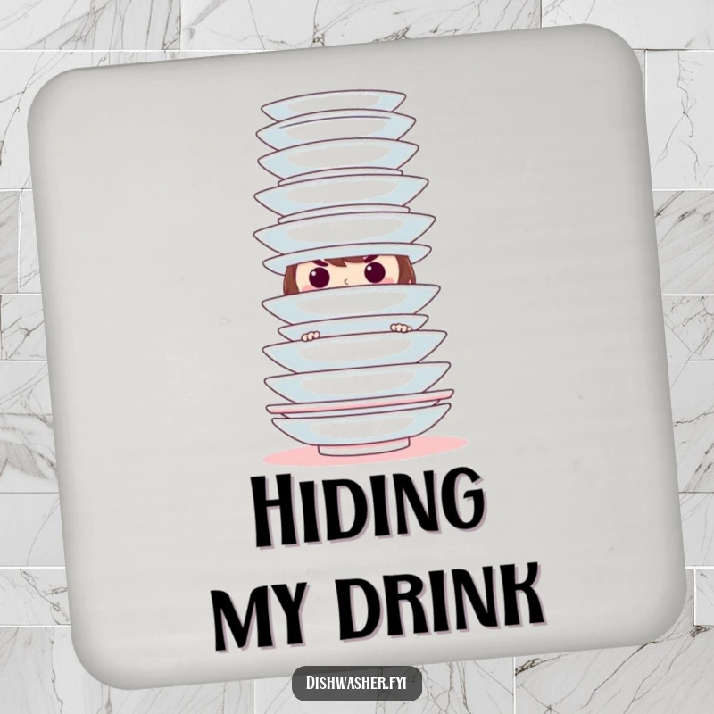 Funny hiding character coaster featuring a mischievous character behind clean plates, protecting surfaces with a cute and playful humorous design.