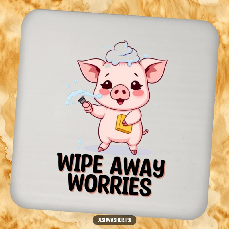 Funny piglet coasters, showing a cute piglet spraying soapy water from a sponge, humorous coasters to protect furniture.