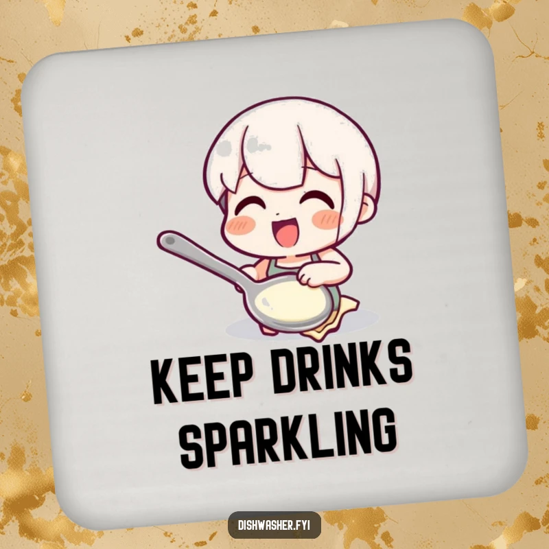 Funny polishing spoon coaster featuring a character polishing a spoon, protecting surfaces with a cute and humorous sparkling design.