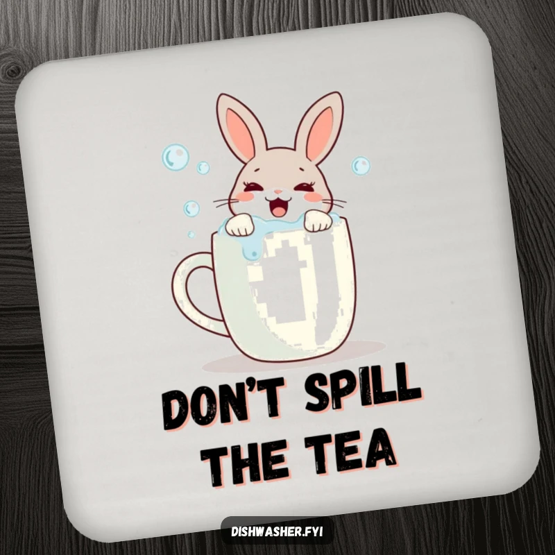 Funny drink coasters featuring a joyful rabbit scrubbing bubbles off a mug, protecting furniture while adding a clean and humorous element.