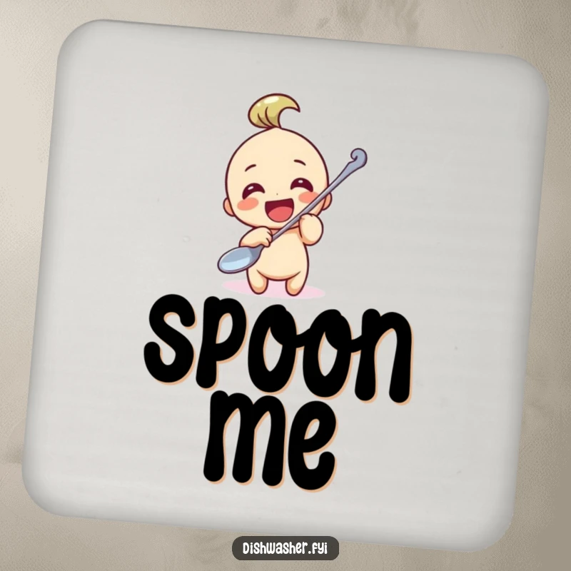 Funny Drink Coasters: A character polishing a large spoon, protecting surfaces with charm and a humorous, meticulous vibe.