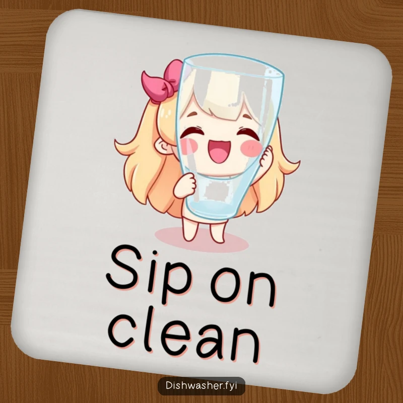 Funny drink coaster featuring a cheerful character showing off a spotlessly clean glass. Protects surfaces with style.