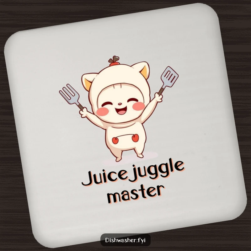 Funny coaster featuring a mischievous character with a grin juggling kitchen utensils, perfect for adding playful decor.
