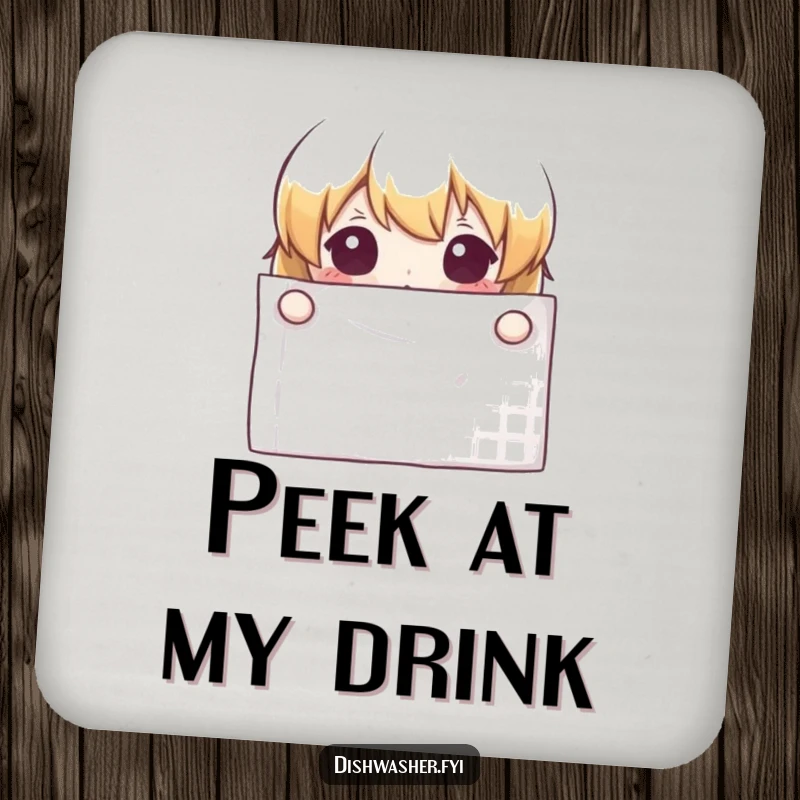 Funny curious character peeking from behind a clean napkin on a protective drink coaster, adding subtle humor.