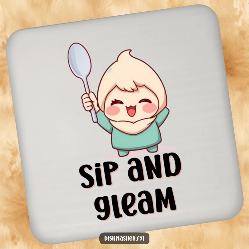 Funny coaster featuring a character triumphantly holding a perfectly clean spoon with a wink, perfect for adding proud decor.