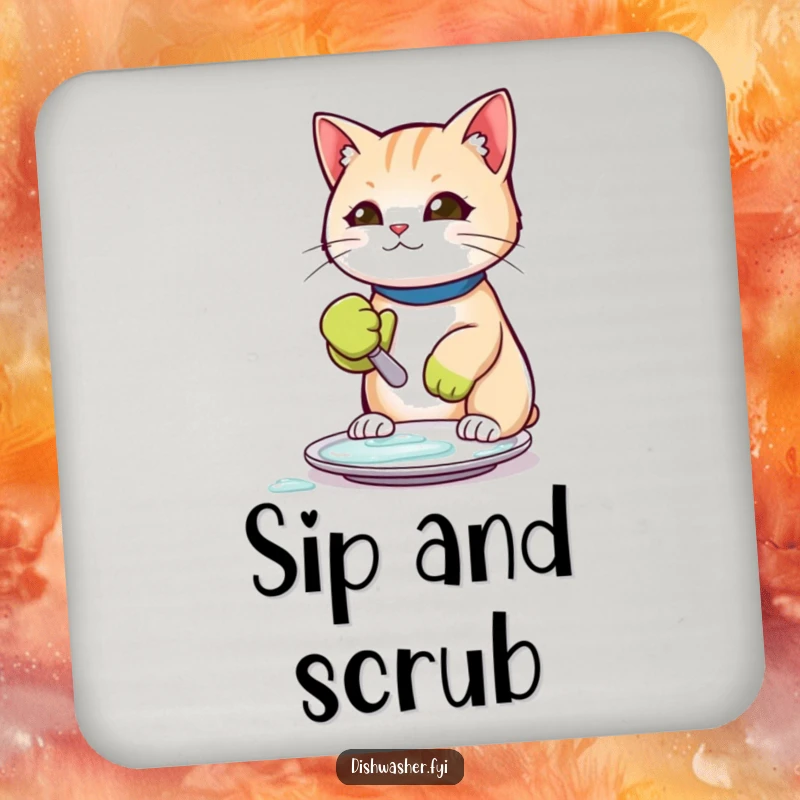 Funny drink coaster featuring a cat in a rubber glove scrubbing a plate clean, offering humorous protection.