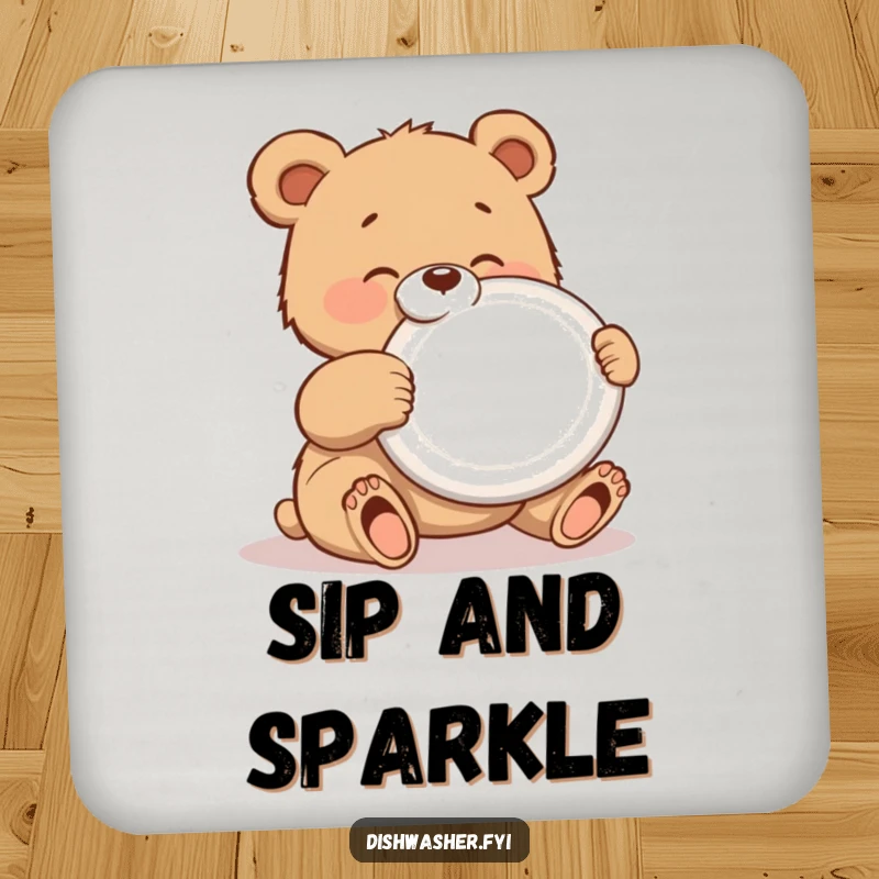 Funny drink coasters featuring a gleeful bear cub polishing a shiny plate, protecting furniture while adding a clean and humorous element.