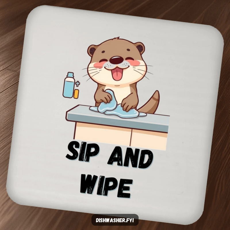Funny coasters with an otter character energetically wiping a counter, adding a humorous and energetic touch to drink protection.
