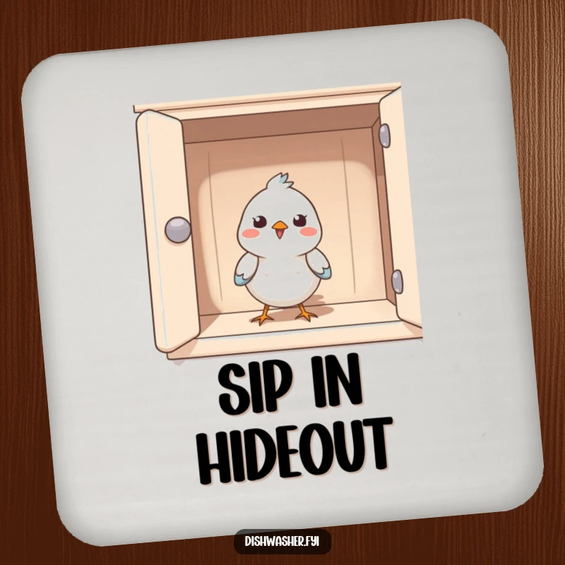 Funny coasters with a happy bird peeking from a clean cupboard, adding a humorous and cheerful touch to drink protection.