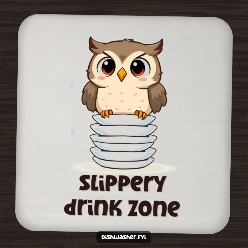Funny drink coaster showcasing a surprised owl attempting to stack wet plates, adding humor and charm to any table.